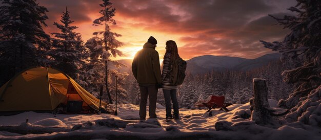 Camping in the winter forest of a couple in love