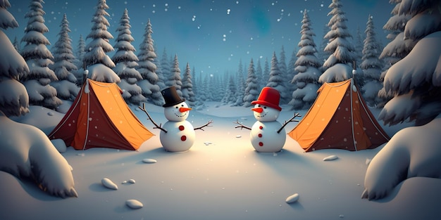 Camping in Winter forest Snowman Snow camping Christmas banner background Generative AI