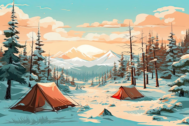 Camping in the winter forest with a tent Vector illustration