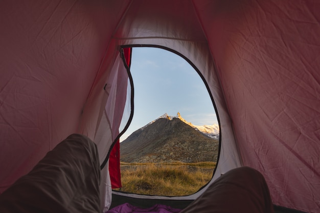 Camping with tent on the Alps