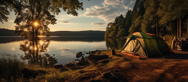 Camping with a tent in the forest by the lake