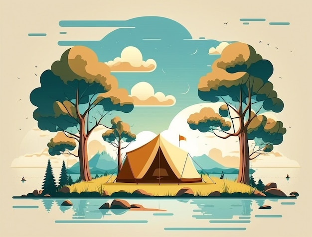 Camping with trees lake and camp under a tent blue sky with cloud minimalist vector