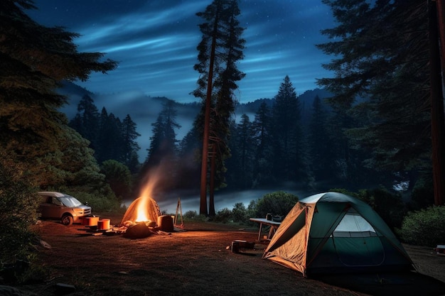 Camping in the woods by the lake