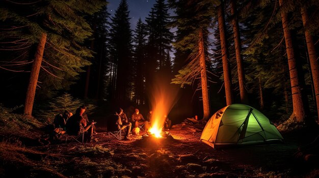 Camping in the woods at night