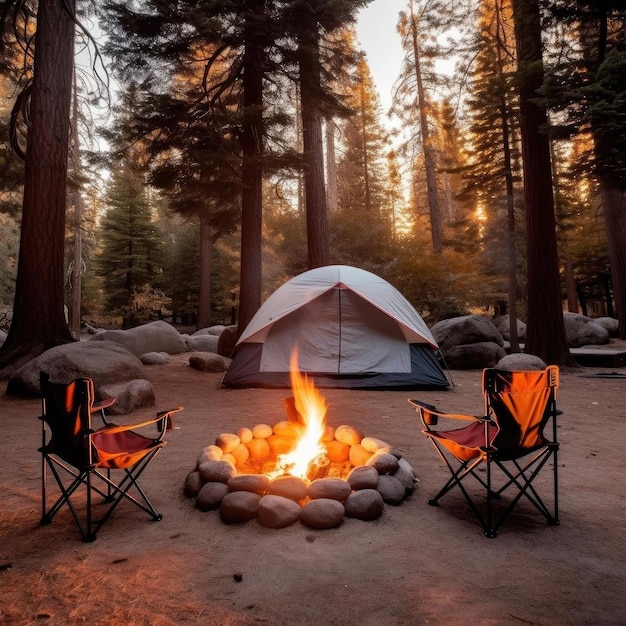 Camping in the woods with bonfire