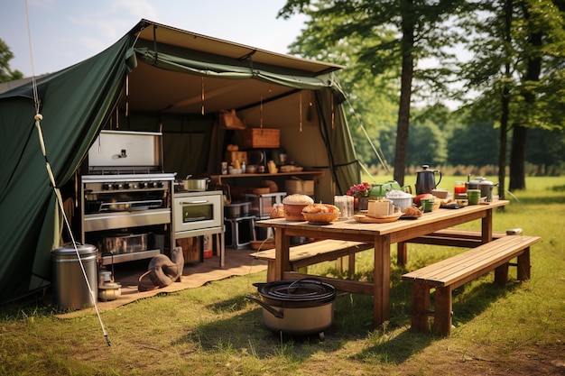 Camping in the woods with tents and food on the table