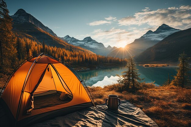 素晴らしい湖の景色を眺めるカップを握る黄色いテントでキャンプ AIで生成された