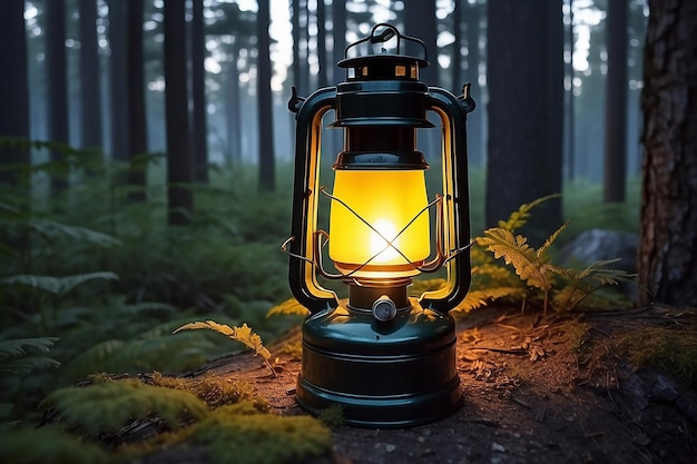 Foto campinglantaarn verlicht het bos in de schemering