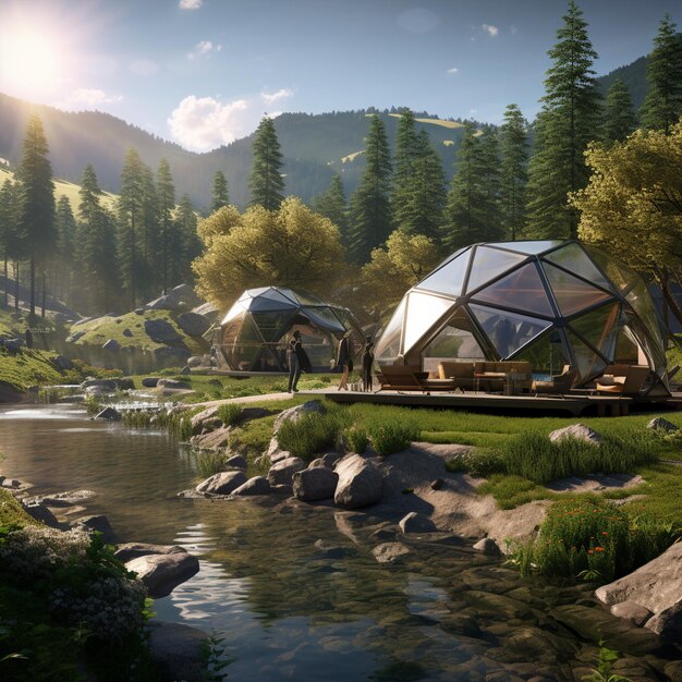 Campingplaats in Serene Wilderness met futuristisch eco-bewust tentontwerp