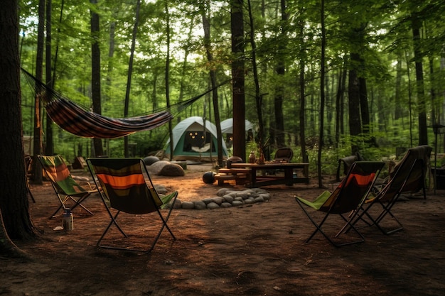 Campingplaats met stoelen en een hangmat in het bos