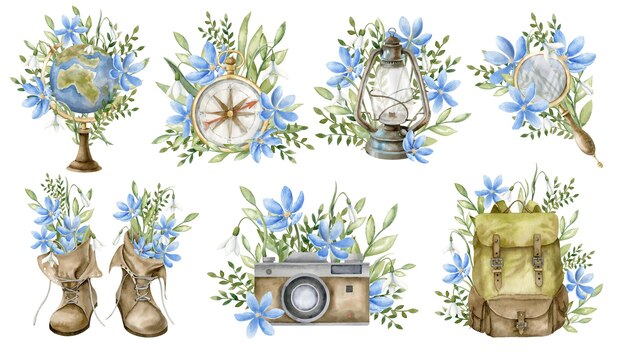 Campinguitrusting voor reislust Handgetekende aquarel set illustraties voor avontuur en reizen op geïsoleerde achtergrond Tekening van retro vintage lantaarn en rugzak voor reis met bloemen