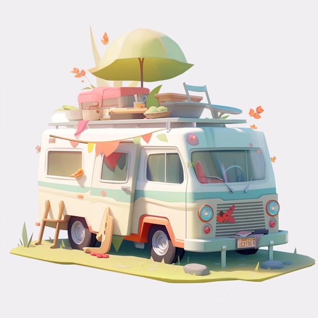 Campingwagen in cartoon stijl met bomen