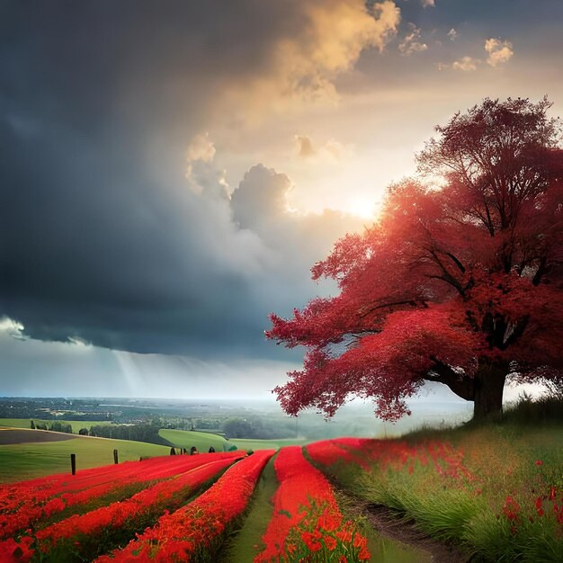 campo incolto in centro a una radura con un mazzo di fiori rossi in an angolo cielo in tempesta