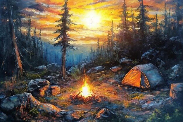 キャンプ場のフェアリーライトと夕暮れのキャンプファイア