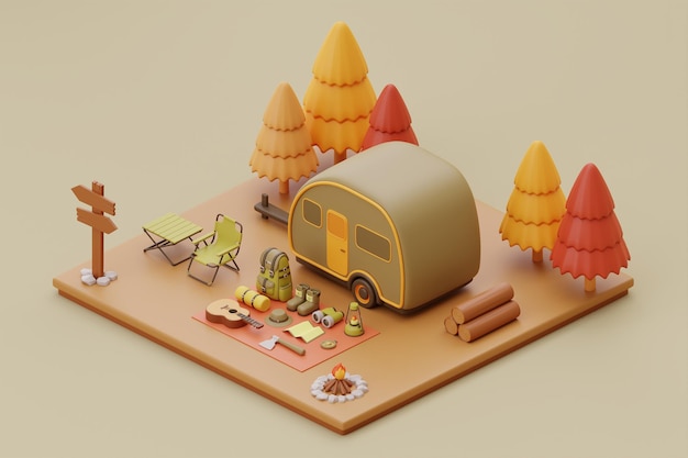 Campsite in nature with camping trailer and camping elements\
summer camp traveling trip hiking isometric 3d rendering