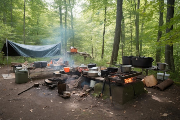 Campsite setup with cooking gear and campfire surrounded by woods created with generative ai