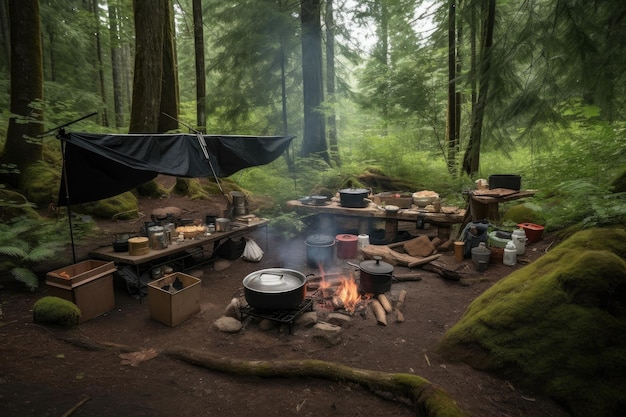 生成 AI で作成された森に囲まれた調理器具とキャンプファイヤーを備えたキャンプ場のセットアップ