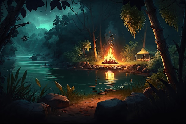 Campsite with bonfire in jungle at night Ai Dark rainforest landscape with lake or river