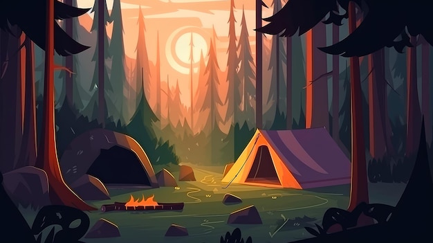 Кемпинг с палаткой и корем в лесу Летний пейзаж в природе Генеративный ИИ