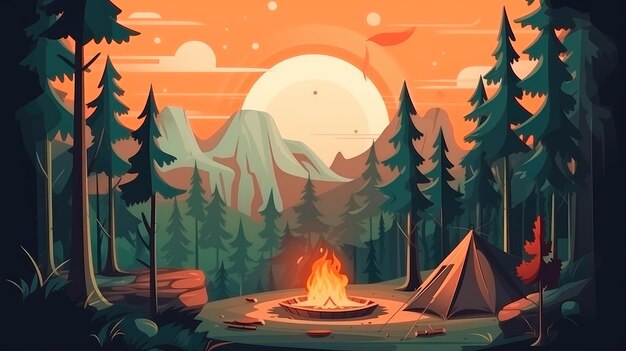 Photo a campsite with a tent and a campfire in the forest summer landscape in nature generative ai