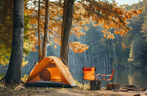 a campsite with a tent and a chair and a table with a chair in front of a lake
