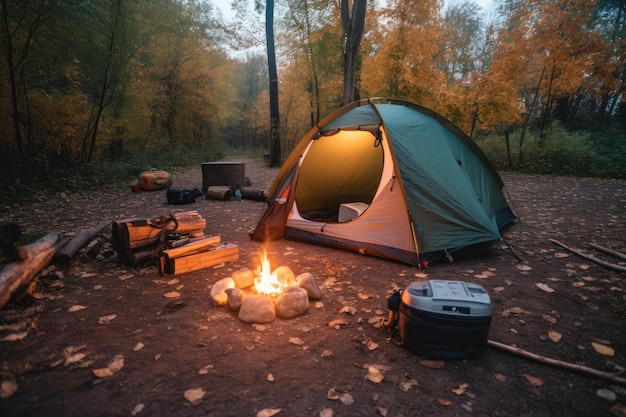 Campsite with tent lantern and campfire for a warm and cozy stay created with generative ai