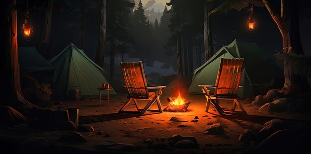 부드러운 가장자리와 흐릿한 디테일 스타일의 캠프 의자 2개와 텐트가 있는 캠프장