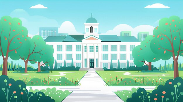 Photo campus scene with a schoolhouse and graduation elements in a vector illustration highlighting the institution and college environment