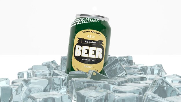 Photo can of beer in ice cubes isolated on white