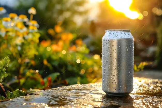 Foto una lattina di birra si siede sulla pietra al sole