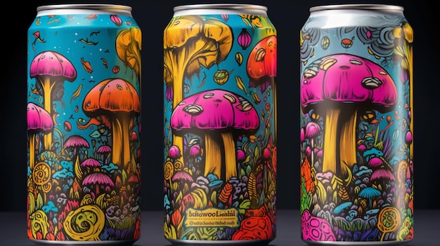 A can of beer with a mushroom on the side.