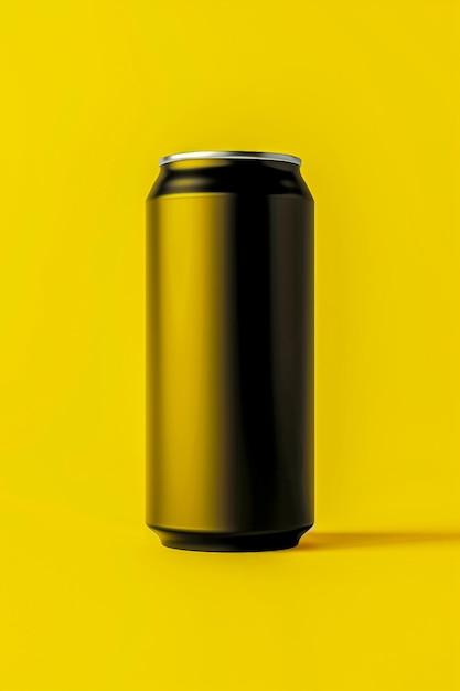 A can of black soda is sitting on a yellow background