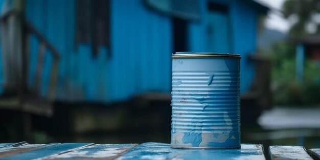 青い家の背景の家の絵のコンセプトの前に立っている青いペンキの缶