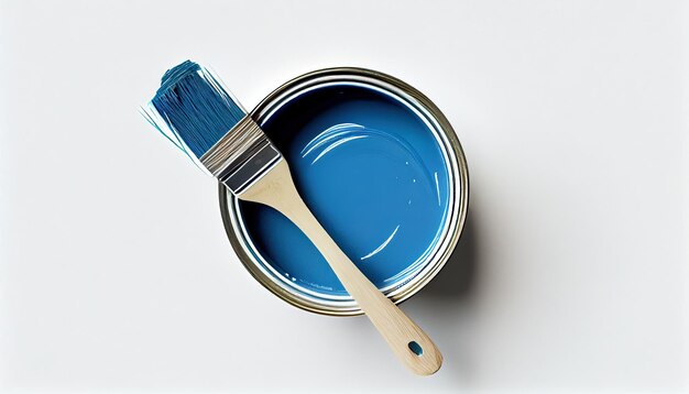 Can of Classic blue paint and brush on white backgrou 1jpg