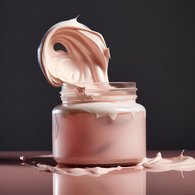 A can of cream lies flat on a creampink background