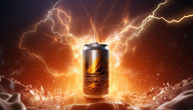 A can of energy drink with lightning