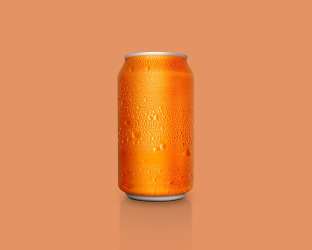 Can of fresh soda with water drops on color backgroundxA