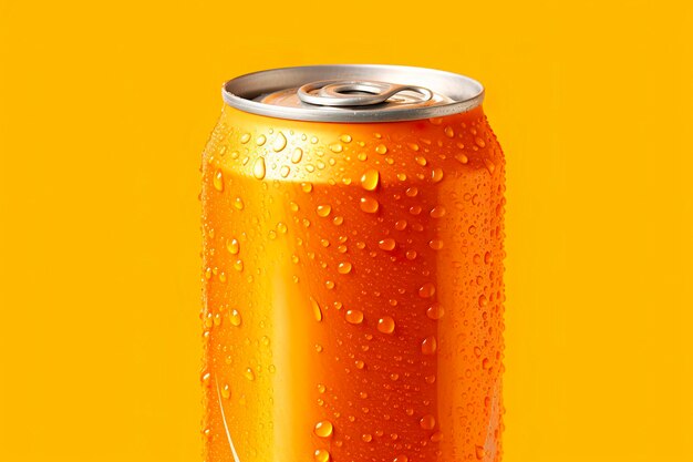 Can of fresh soda with water drops on orange background closeup generative ai