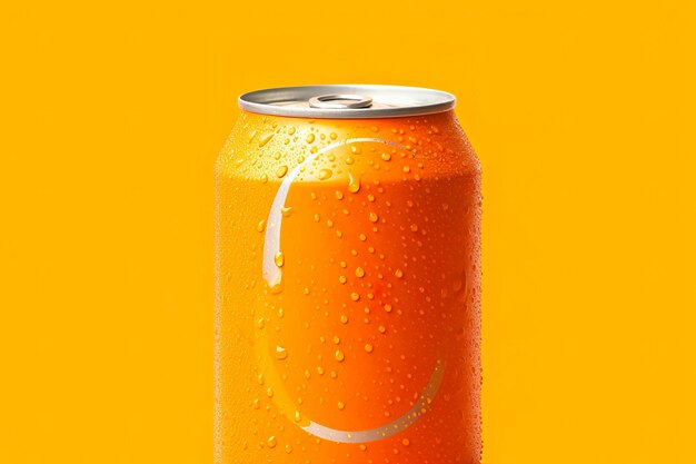 Can of fresh soda with water drops on orange background closeup generative ai