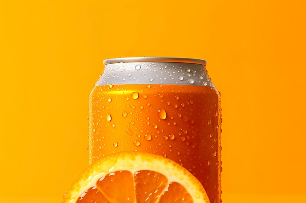 Can of fresh soda with water drops on orange background closeup generative ai