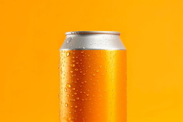 Can of fresh soda with water drops on orange background closeup generative ai