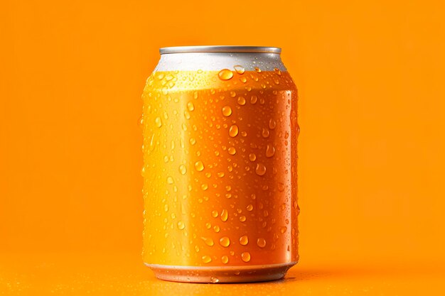 Can of fresh soda with water drops on orange background closeup generative ai