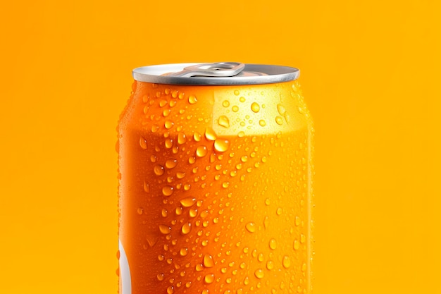 Can of fresh soda with water drops on orange background closeup Generative AI