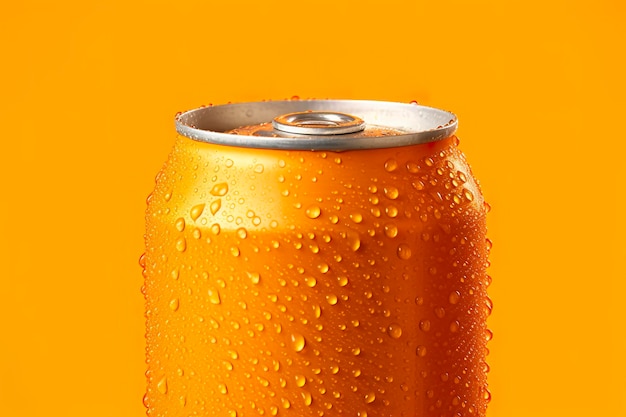 Can of fresh soda with water drops on orange background closeup generative ai