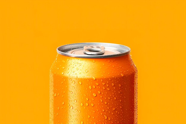 Can of fresh soda with water drops on orange background closeup Generative AI