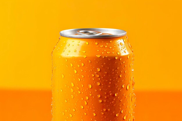 Can of fresh soda with water drops on orange background closeup Generative AI