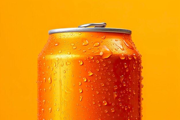 Can of fresh soda with water drops on orange background closeup generative ai