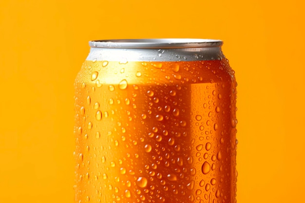 Can of fresh soda with water drops on orange background closeup generative ai