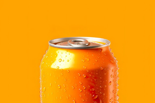 Can of fresh soda with water drops on orange background closeup Generative AI