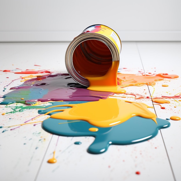 Photo a can of multicolored paint fell and spilled onto a white floor